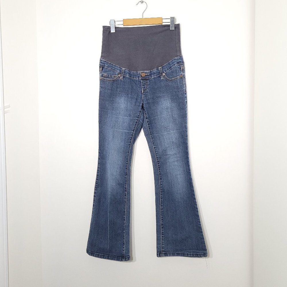 Thyme Maternity Cotton Blend Bell Bottom Denim Blue Jeans Mid Wash Sandblast S